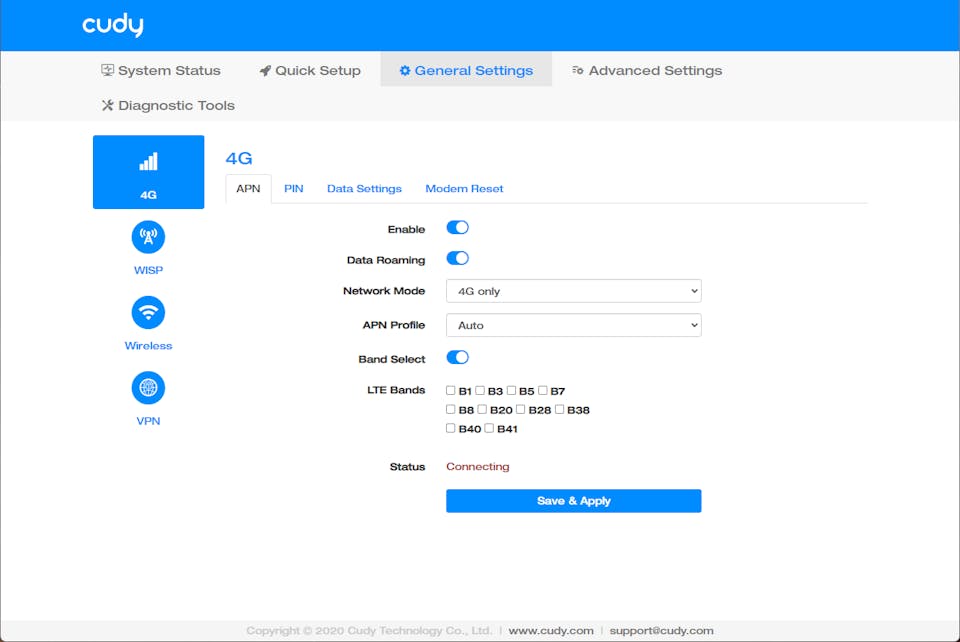 Cudy 5G P5 Band Selection Screen
