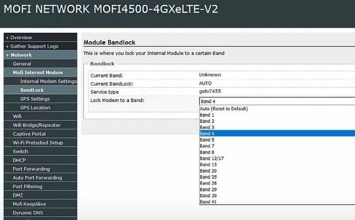 Locking the MoFi 4500 to Band 4 in the web interface