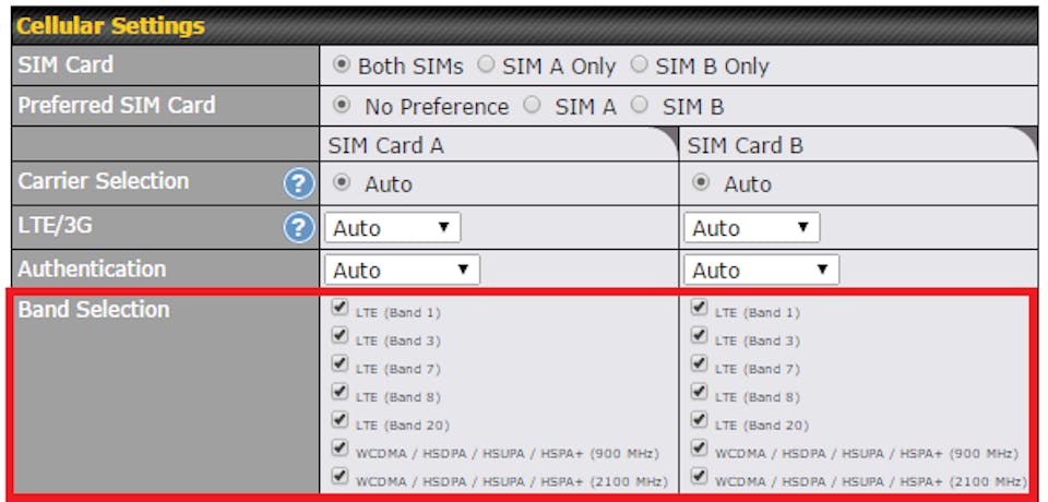Manual band selection on the Peplink web portal