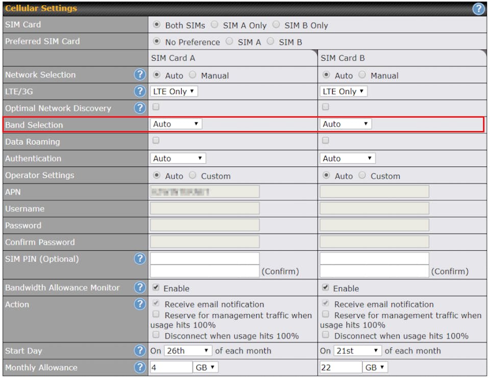 Activating manual band selection on the Peplink web portal