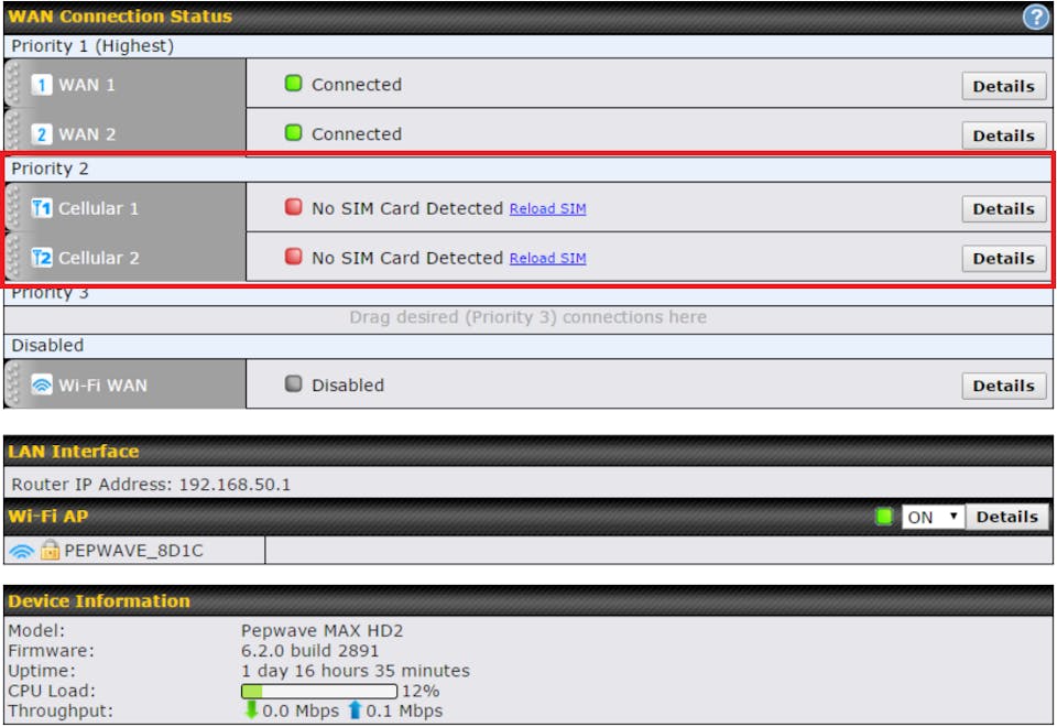 Navigating to cellular settings on the Peplink web portal